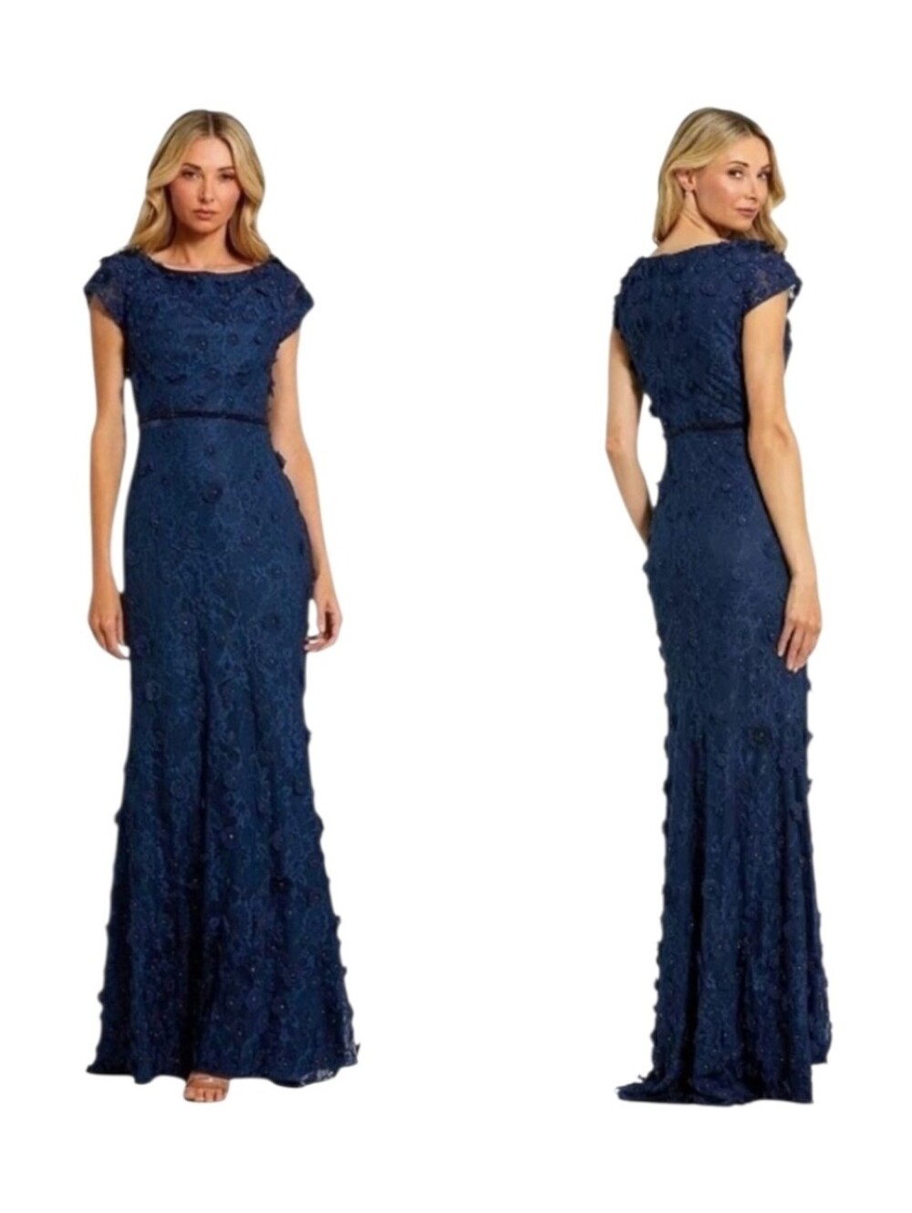 NWT. Mac Duggal Navy Floral Applique Boat Neck Short Sleeve Formal Gown. Size 16